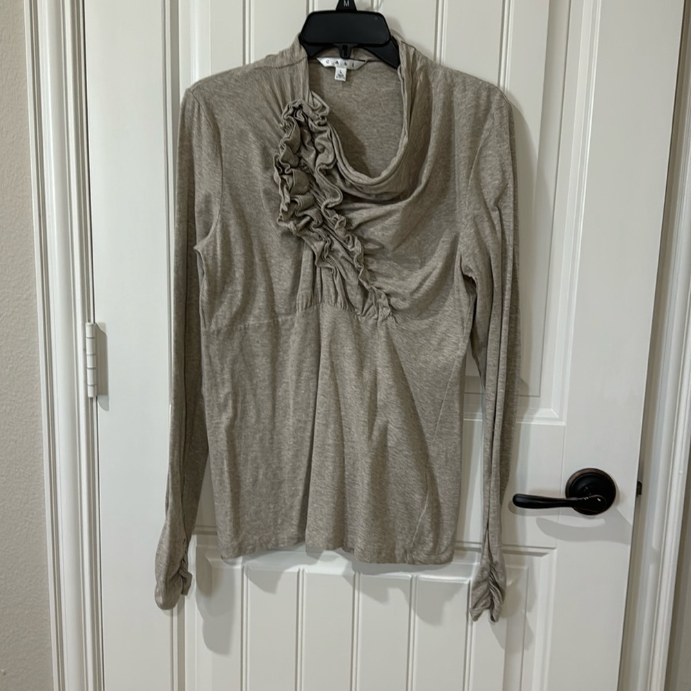 CAbi Tan Long Sleeve Top with Ruffle Detail
